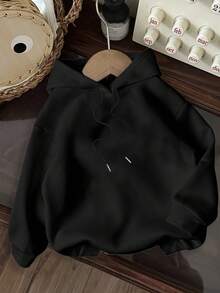 SHEIN Slayr Casual Minimalist LA Print Hooded Long Sleeve Loose Fit Sweatshirt For Women, Autumn/Winter,Fall - Black - View 2