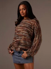 Athîral 女式秋季条纹落肩长袖亮片设计宽松衬衫 - 彩色 - 查看 3