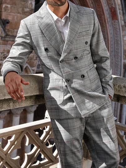 Manfinity Bizformal Bộ quần áo vest kẻ caro hai hàng khuy thường ngày cho nam, Bộ vest kẻ caro mùa thu cho nam Bộ vest nam Bộ vest nam Bộ vest nam màu xám cho nam Bộ vest kẻ caro màu xám cho nam Bộ vest kẻ caro hai hàng khuy màu xám cho nam Bộ vest kẻ caro hai hàng khuy màu xám cho nam