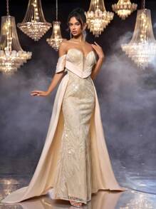 Glamrae Elegant Champagne Satin Strapless Formal Evening Dress, Luxury Dignified Pleated Waistline Bowknot High-Low Hem Train Wedding Gala Party Gown - Champagne - View 7