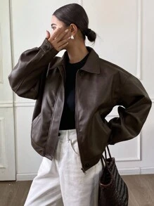 DAZY Autumn/Winter New Loose Casual Thick PU Women Regular Jacket