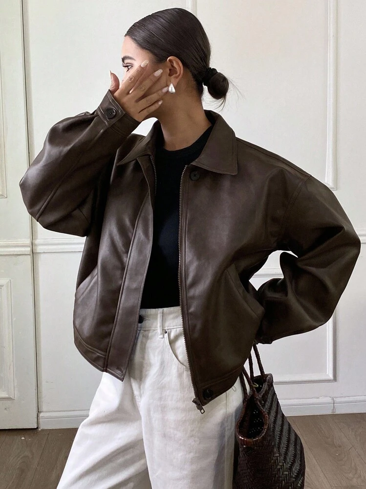 DAZY Autumn/Winter New Loose Casual Thick PU Women Regular Jacket Women Coats - Coffee Brown - View 5