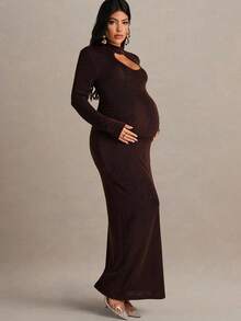 MaterniChic Đầm suông dáng suông cổ đứng tay dài màu trơn cho bà bầu - màu nâu - Xem 4