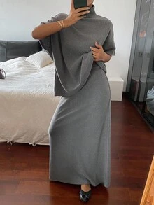 Livesso 2 件套女士宽松休闲宽松 T 恤和裙子套装，秋冬秋季 - 灰色 - 查看 1