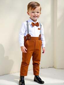 SHEIN Bộ trang phục quý ông 3 món cho bé trai mới biết đi, áo liền quần dài tay màu trắng và quần kaki có dây đeo, thoải mái, đa năng, cổ điển, thời trang, dễ thương, phong cách Anh, thích hợp cho trong nhà, ngoài trời, hàng ngày, thể thao, vui chơi, tiệc tùng, chụp ảnh, kỳ nghỉ, ngày lễ, đám cưới, tiệc chào đón em bé, lễ rửa tội và sinh nhật lần thứ 1 - Nhiều màu - Xem 1