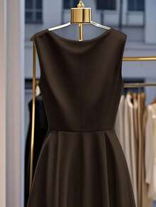 Franclia 女士优雅纯色束腰连衣裙 - 咖啡 - 查看 5