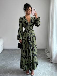 Elenzga Women's Elegant Fashion Commuter Casual Comfortable Charming Retro Long Sleeve V-Neck Waist Gathered A-Line Pleated Hem Long Printed Dress (Random Print) - Green - View 1