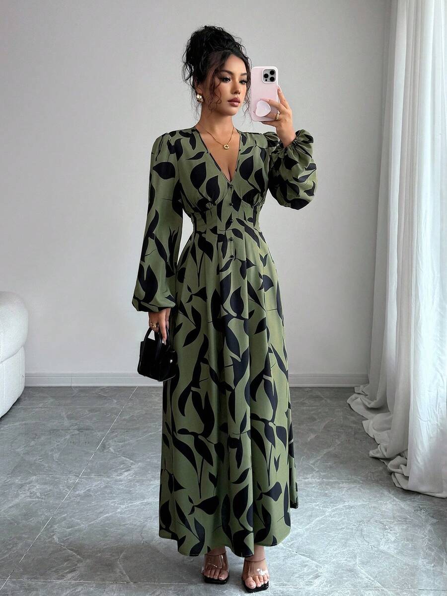Elenzga Women's Elegant Fashion Commuter Casual Comfortable Charming Retro Long Sleeve V-Neck Waist Gathered A-Line Pleated Hem Long Printed Dress (Random Print) - Green - View 1