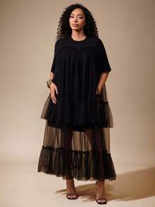 Vixey Vestido maxi con camiseta de manga corta de malla con lunares en capas - Negro - Ver 3