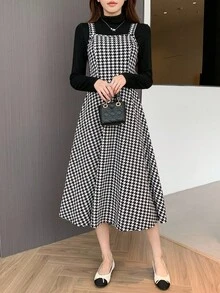 少女 2 件套：黑色千鸟格印花连衣裙和黑色高领修身 T 恤，优雅办公室套装千鸟格连衣裙中长连衣裙休闲连衣裙格子连衣裙格纹连衣裙长袖连衣裙 16 岁中长款女孩连衣裙长袖连衣裙长裙女孩 - 黑與白 - 查看 4