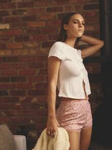 Aralina 女士纯色前扣短袖睡衣上衣 - 白色 - 查看 3