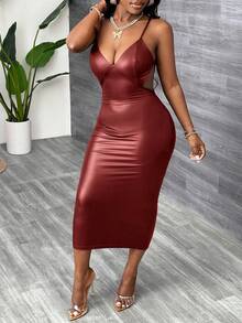 Slaydiva Summer New Style Elegant Sexy Strapless Back Cross Design Backless Waist Slim Midi Skirt Black PU Women's Dress