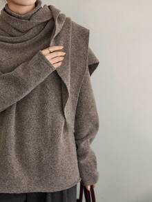 Dazy-Less 女士宽松商务休闲斗篷式针织毛衣套装，适合秋冬季办公室穿着 - 棕色 - 查看 8