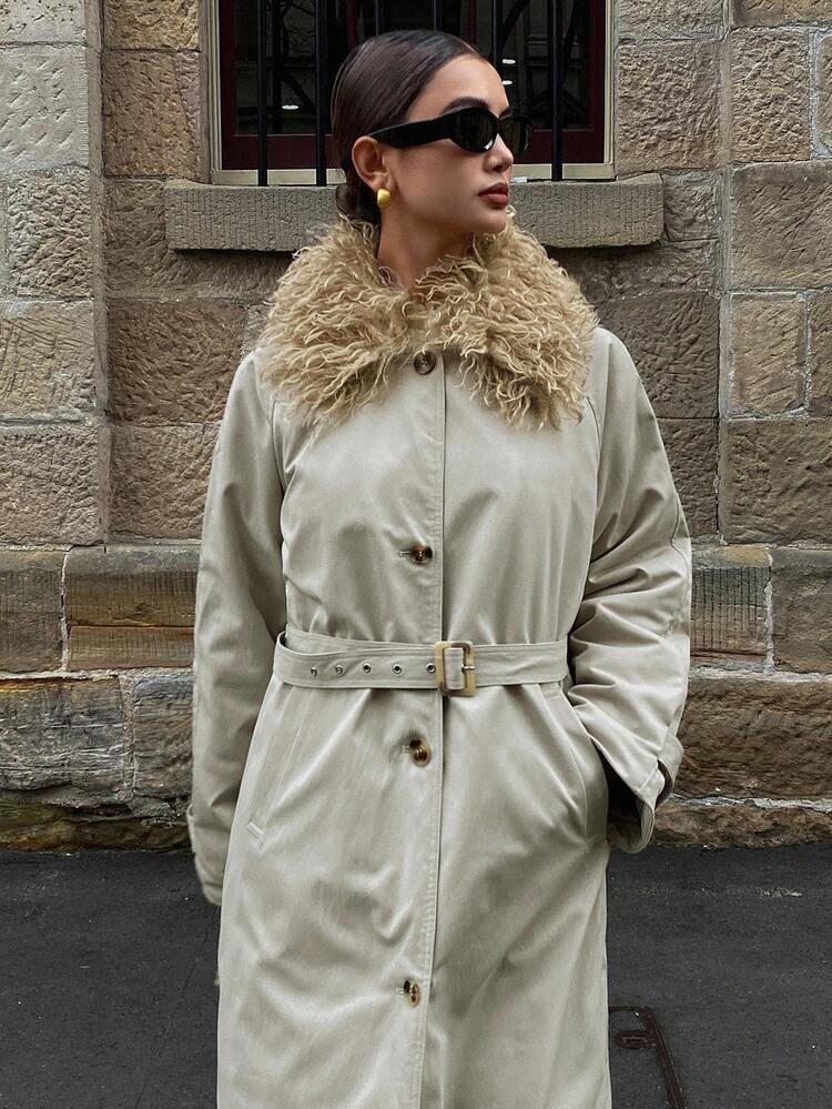 Women's Loose Long Belted Patchwork Fur Collar Thick Pockets Long Sleeve Padded Coat, Autumn/Winter
