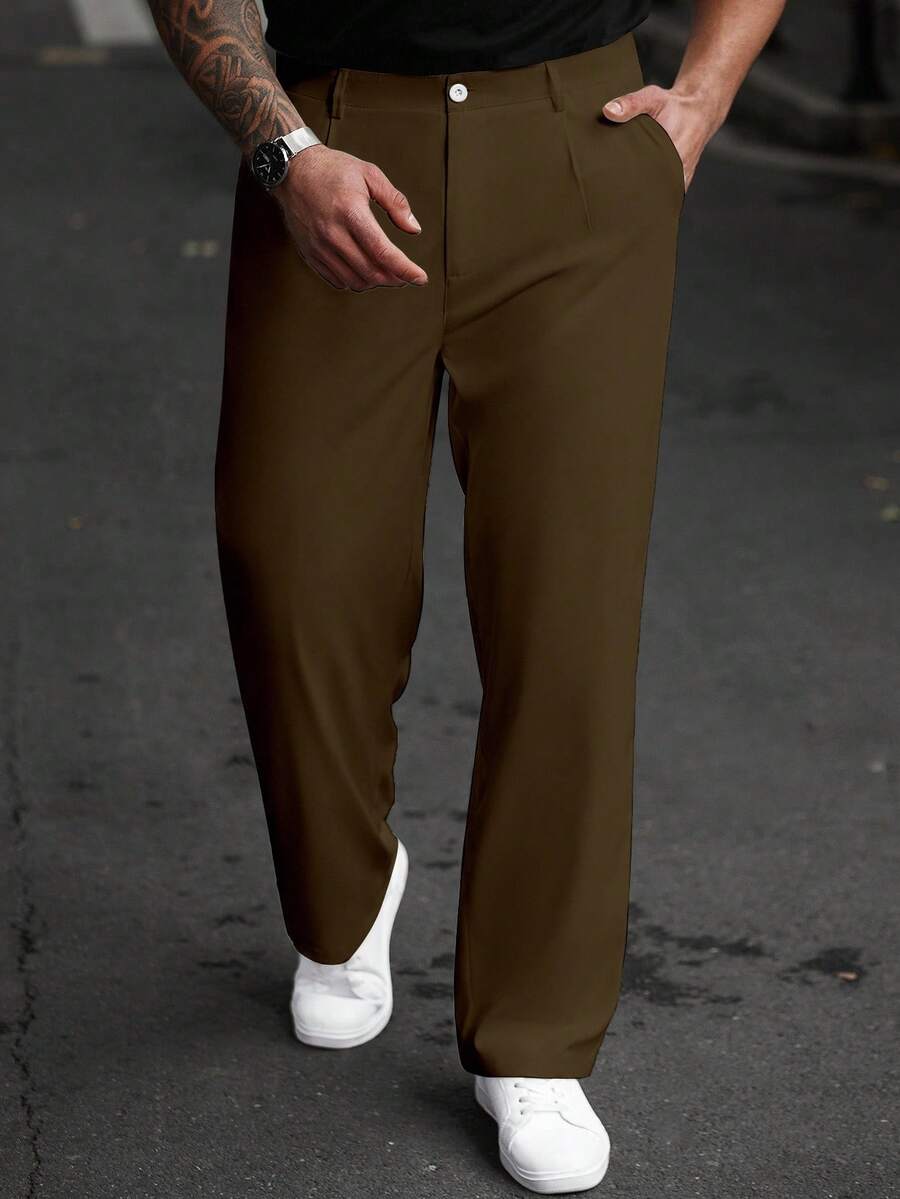 Manfinity Homme Plus Size Men's Solid Color Pocket Straight Loose Casual Pants, For Fall - Brown - View 1
