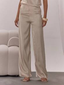 MUSERA Pantalones de pierna recta de satén con cremallera oculta, solo para ocasiones elegantes, sexys, de noche, vacaciones, fiestas y uso casual - Caqui - Ver 1