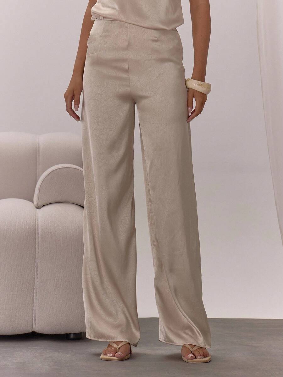 MUSERA Pantalones de pierna recta de satén con cremallera oculta, solo para ocasiones elegantes, sexys, de noche, vacaciones, fiestas y uso casual - Caqui - Ver 1