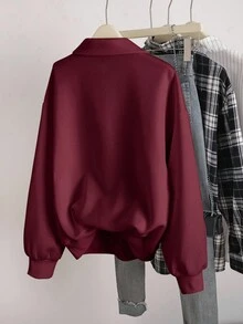 Chiquease 女士休闲宽松日常百搭半拉链长袖卫衣 - 酒紅色 - 查看 2