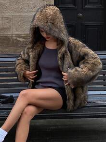 DAZY Áo khoác trùm đầu tay dài dáng rộng phong cách đường phố thu đông, áo khoác lông nhân tạo dành cho nữ - màu nâu - Xem 4