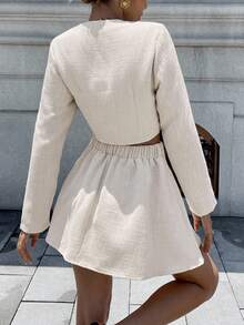 Pariaura 2件套粗花呢长袖衬衫和纽扣前裙 - 卡其色 - 查看 2