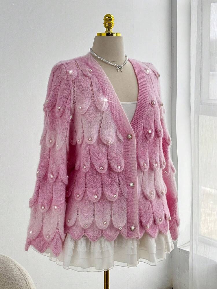 Sweetra 大码女式秋季珍珠装饰单排扣长袖开衫 - 粉色 - 查看 7