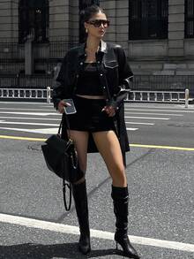 DAZY Women's PU Shirt Style Mid-Length Dress, Spring/Autumn - Black - View 2