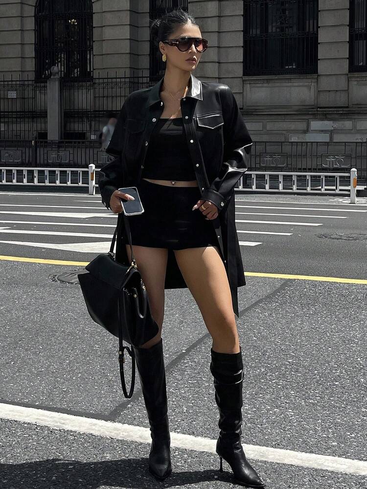 Women's PU Shirt Style Mid-Length Dress, Spring/Autumn