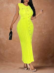 Veslaya 大码女式无袖荧光绿单排扣修身优雅针织连衣裙，秋冬款 - 綠色 - 查看 5