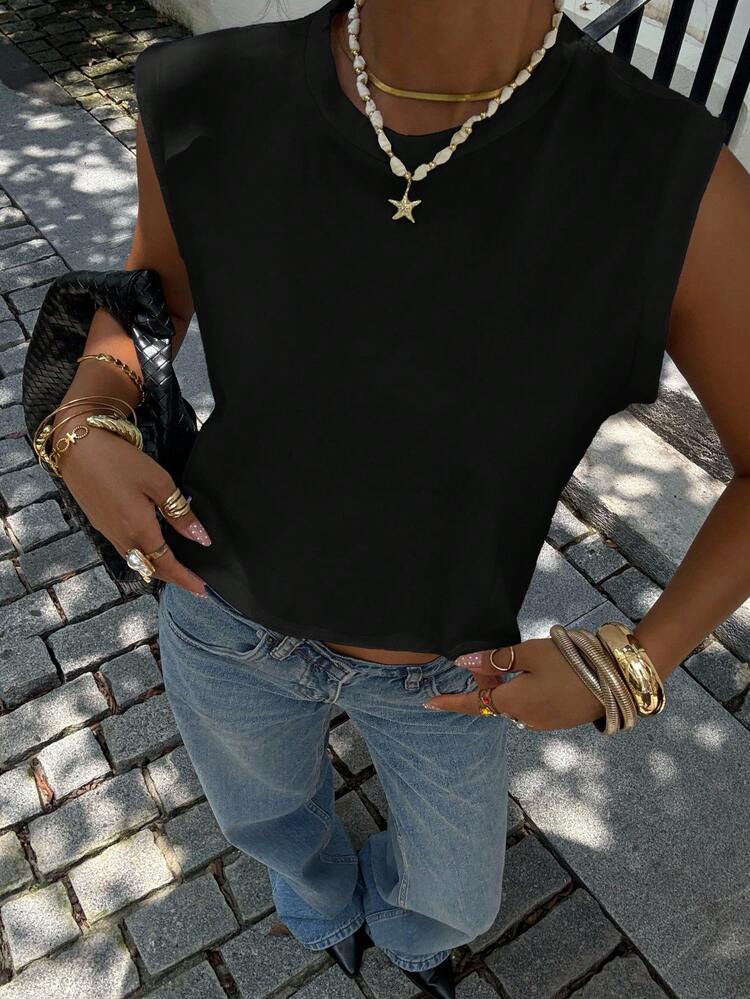 Damen Crop Top mit breiten Trägern und rundem Ausschnitt für den Sommer, für den Lässig-Wear - Schwarz - Übersicht 6