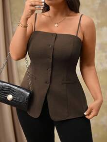 Roveilla 女士优雅法式吊带背心，正面纽扣开合，不对称下摆，适合通勤、下午茶、派对、春夏季 - 棕色 - 查看 1