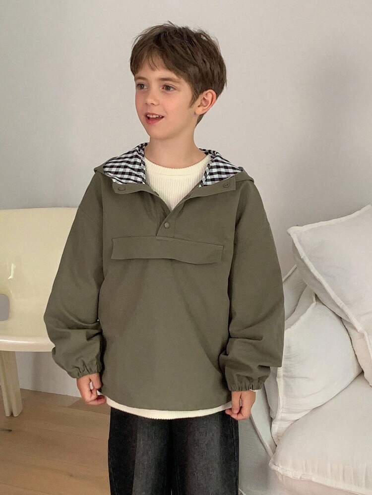 Tween Boy Casual Loose Fit Plaid Patchwork Sweatshirt, Street Style For Autumn Sweatshirt