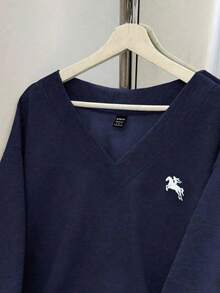 Slaydiva Áo nỉ rộng cổ chữ V thêu logo ngựa con phong cách đại học dành cho nữ, màu xanh navy, thích hợp cho mùa thu/đông, thích hợp cho lễ hội âm nhạc và trở lại trường học - Màu xanh hải quân - Xem 5