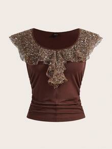 SHEIN EZwear Women's Summer Fashion Sequin Ruffles Patchwork Ruched Slim Fit Tank Top ,Y2k Clothes Women, Western Women Wear, Bohemian Clothes For Women ,Clubs Women , Country Concert