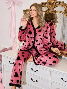 SHEIN Women's Sweet Ins Contrast Color Heart Pocket Button Comfortable Flannel Pajama Set Heart Cozy Pajama Set, Fall/Winter Clothes, Fluffy - Dusty Pink - View 4