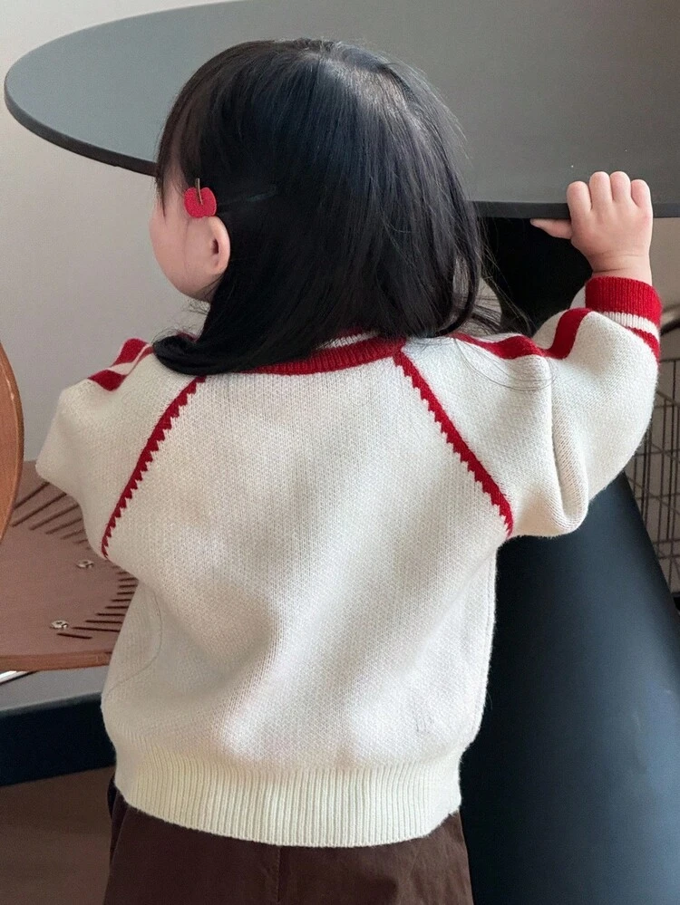 Baby Girl Contrast Color Crew Neck Casual Long Sleeve Sweater, Autumn/Winter Toddler Girls Clothes