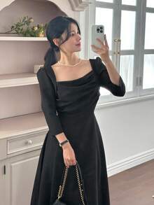 DAZY 女士方领中长连衣裙 - 黑色 - 查看 1