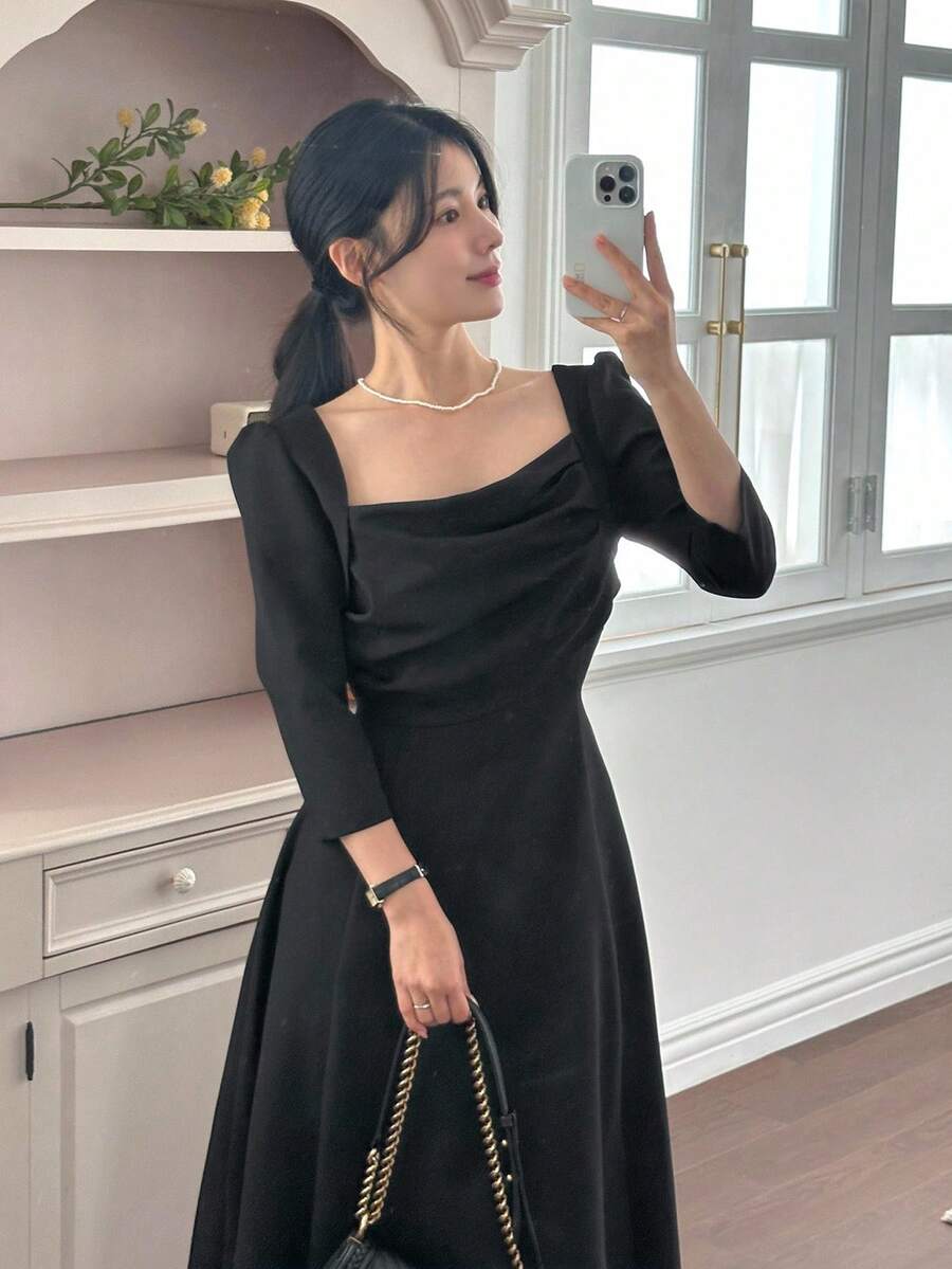 DAZY 女士方领中长连衣裙 - 黑色 - 查看 1