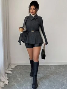 Rafferiza Manteau châle en tweed de couleur unie avec ceinture Shein Raffinea 2025, automne pour femmes, convient pour les sorties et les fêtes en automne et en hiver - Gris foncé - Voir 6