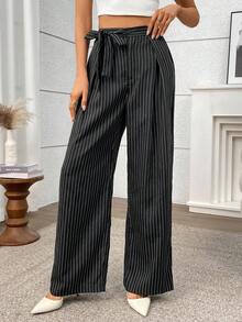 EMERY ROSE 女士打结腰部褶皱条纹阔腿宽松休闲裤 - 黑色 - 查看 4