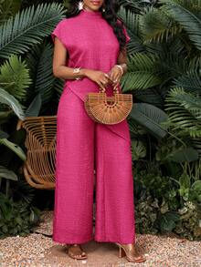 SHEIN Lady Bộ 2 món áo thun cổ lọ tay ngắn màu trơn cỡ lớn và quần dài - Màu Hồng Tươi - Xem 3