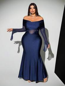 Viva Relle Plus Size Christmas Women's Off Shoulder Fashionable Sheer Flare Sleeve Solid Color Ruffle Dress - Blue - View 3
