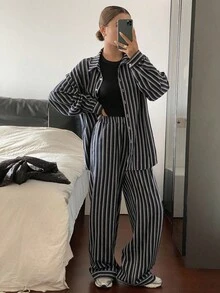 DAZY Autumn/Winter New Loose Casual Striped Relaxed Style Women 2 Pieces Set Lounge Sets For Women - Navy Blue - View 3