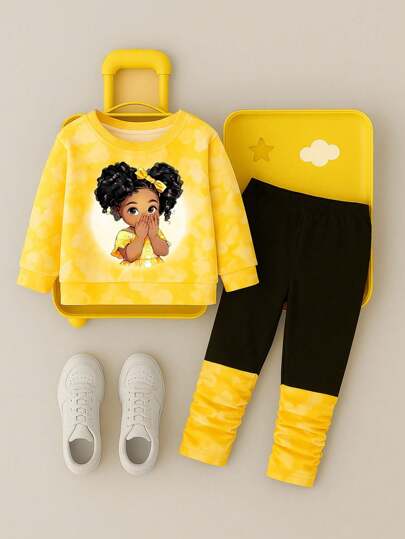 Baby Girl Cartoon Printed Long Sleeve T-Shirt And Pants 2pcs Outfit Set, Autumn