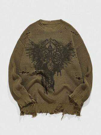 Grunge Punk Suéter de punto con estampado apocalíptico desgastado para hombre