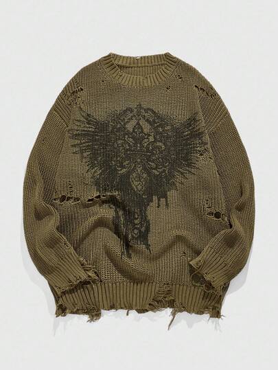 Grunge Punk Suéter de punto con estampado apocalíptico desgastado para hombre, otoño e invierno
