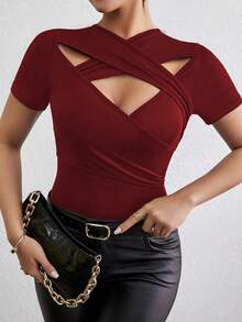 Elenzga 大码女式性感V领交叉短袖镂空系带T恤 - 酒紅色 - 查看 7