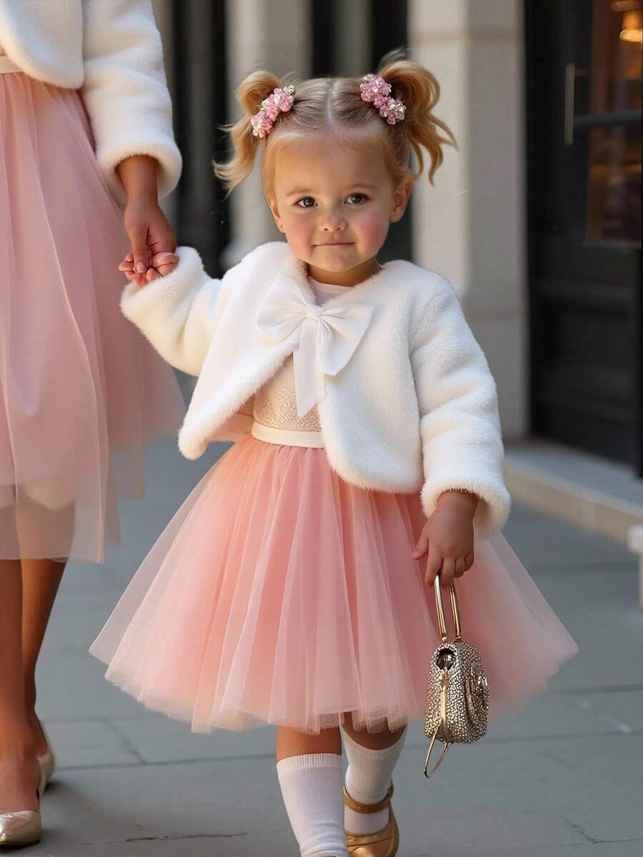 Souflis Souflis Toddler Girls' Cute White Bow Plush Long Sleeve Comfortable Autumn/Winter Jacket Fancy Baby Girl Clothes Fall