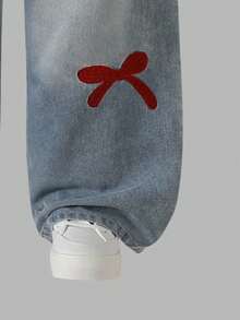 Sparklyn 女孩秋冬两件套，酒红色可爱蝴蝶结印花长袖 T 恤 + 刺绣蝴蝶结牛仔裤休闲装，适合日常、旅行、度假、万圣节 - 酒紅色 - 查看 4