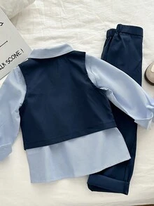 Genkimix Kids 3件套小男孩动物印花无袖背心+宽松条纹衬衫+裤子套装 - 藍色 - 查看 2