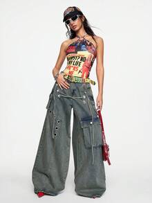 ROMWE Grunge Punk Quần jeans nữ cạp thấp dáng rộng phong cách Punk Streetwear - Màu xanh lam - Xem 7